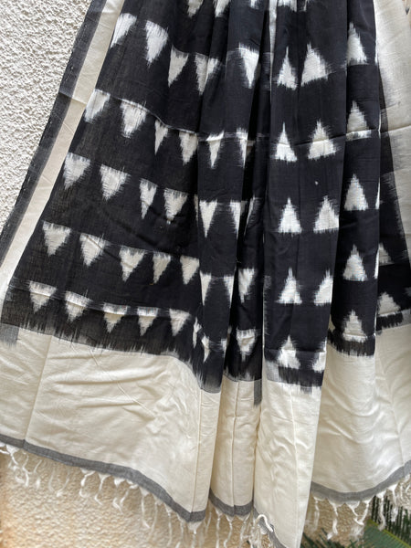 Pochampally Off White And Black Double Ikat Dupatta Unstitched Suit Set