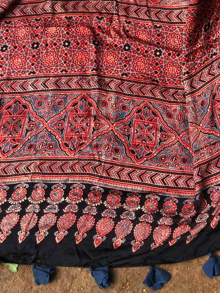 Madder Modal silk vegetable dyed Ajrakh saree.