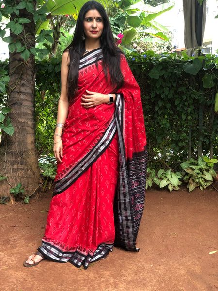 | Ruby Hues | Deep Red Handwoven sambalpuri ikat saree in cotton.