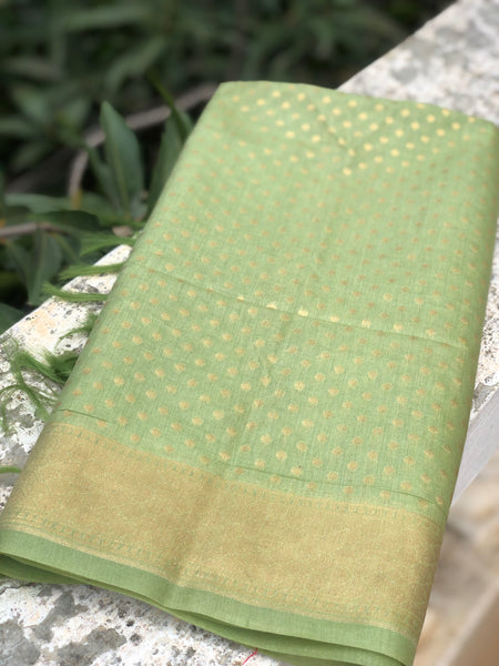 Green Banarasi Semi Katan Silk Dupatta with round bootas