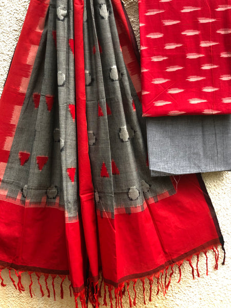 Red And Grey Pochampally Double Ikat Dupatta Unstitched Suit Set