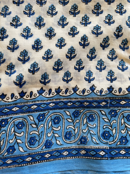 | Phool | White and Blue Sanganeri Handblock Printed Mul Cotton saree.