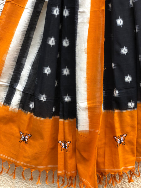 Mustard And Black Pochampally Double Ikat Dupatta With Embroidery Unstitched Suit Set