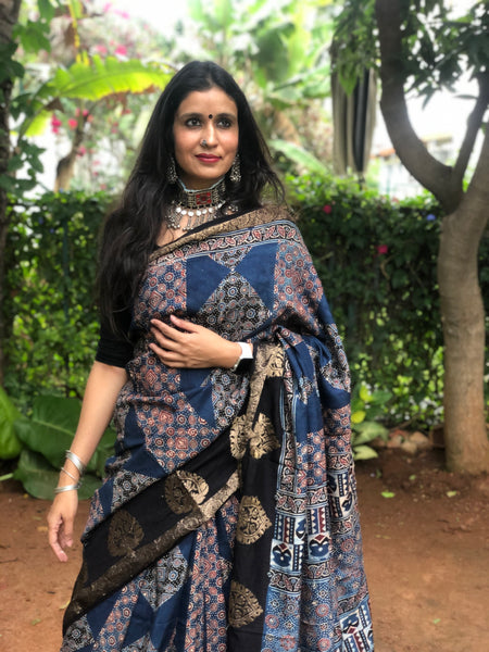 Indigo vegetable dyed Ajrakh Silk saree with zari border.