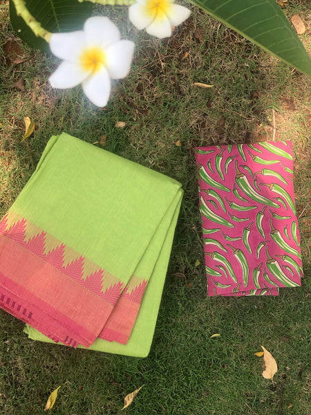 Green Cotton Saree with contrast Woven Border. TCB-KCGR-KN1