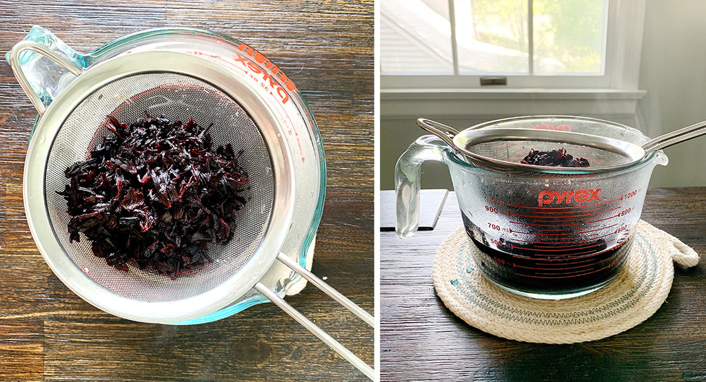 Making Hibiscus Honey - straining the herbs