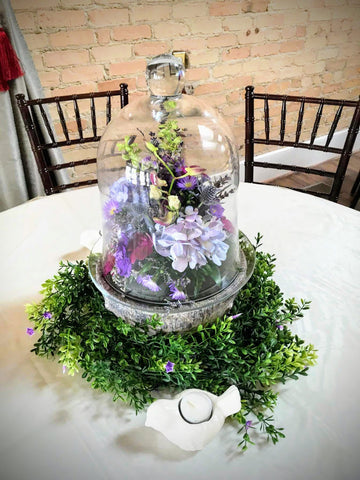wedding centerpiece lavender flowers bell jar