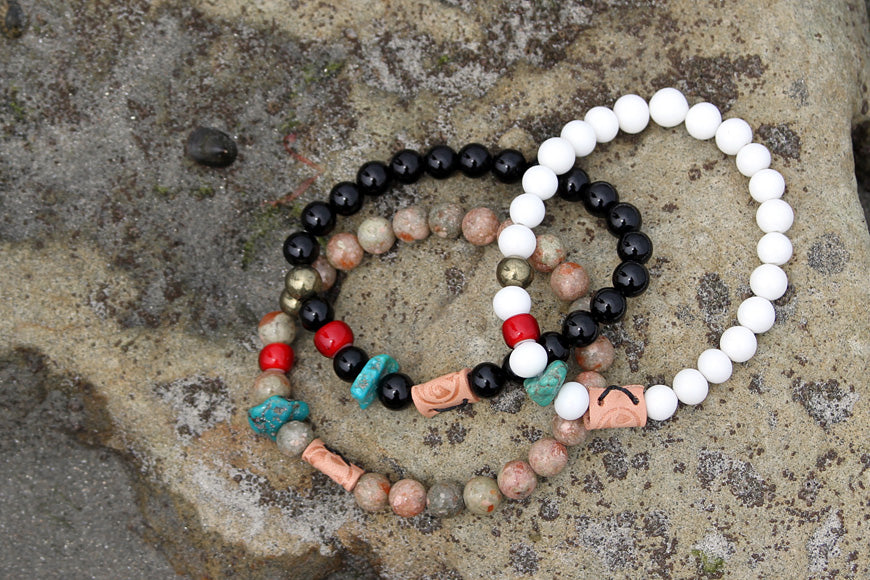 Friday and River Shores beaded stone bracelets Black Brown and White