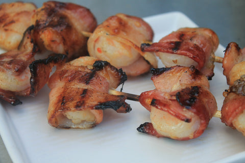 bacon wrapped shrimp with perfectly peach pepper jelly