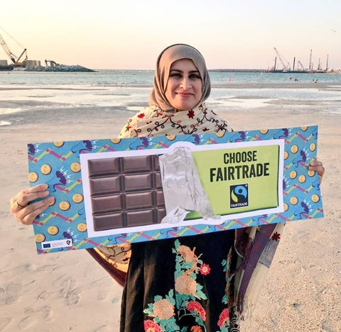 Sabeena Ahmed celebrates Fairtrade Fortnight 2020, Dubai, UAE - Fairtrade Resource Large Chocolate Bar, She Deserves Campaign