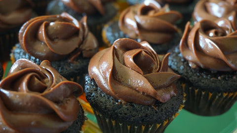 Green & Blacks Rose shaped Fair Trade Frosting on mini chocolate cupcakes - May 2016
