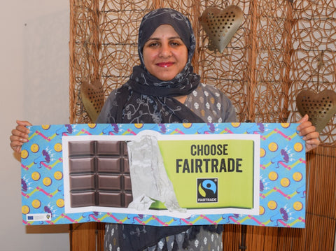 Irem Ahmed models the big Fairtrade Chocolate Bar Resource for Fairtrade Fortnight 2020, Dubai, UAE with Sabeena Ahmed 