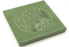 A personalized concrete beverage coaster in a greenish-grey color.