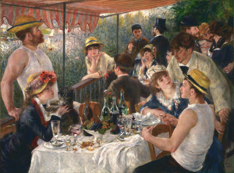 Renoir's famous Luncheon of the Boating Party, depicting a group gathered to eat and drink under an awning.