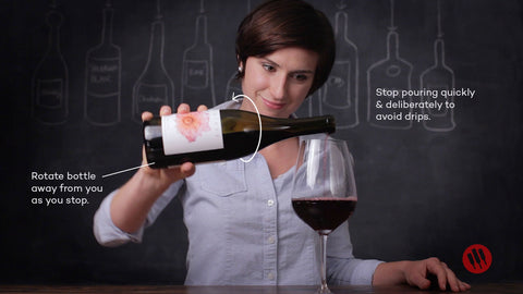 A woman pours red wine with a diagram showing proper form