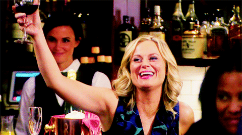 A gif showing Leslie Knope from Parks and Rec toasting to something.