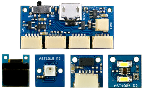 WirelingZero with 0.42" Wireling, RGB LED Wireling, Distance Sensor Wireling, and Color Sensor Wireling