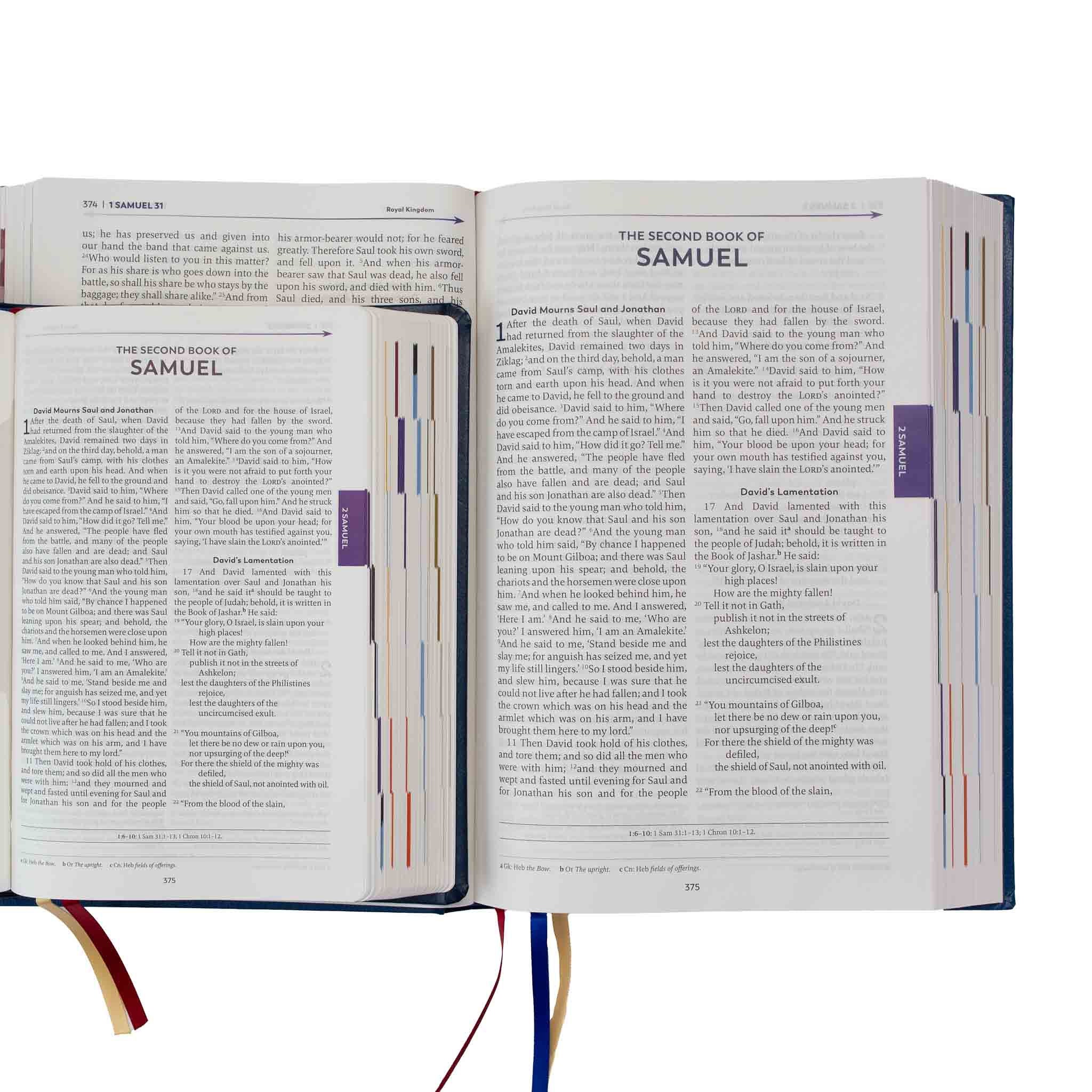An image that compares the original Great Adventure Catholic Bible size to the Great Adventure Catholic Bible, Large Print Version size.