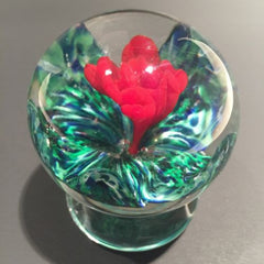 Rare Vintage Joe Zimmerman Art Glass Paperweight Footed Crimp Red Rose
