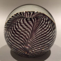 Signed Correia Art Glass Paperweight Black & White Pulled Feather Stripes