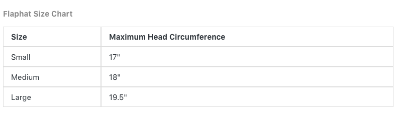 Flaphat Size Chart