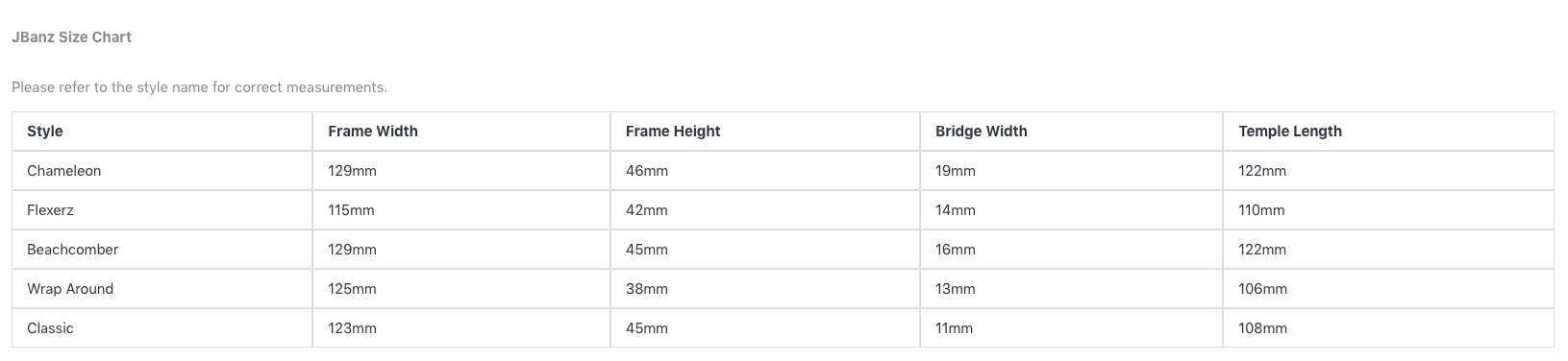 JBANZ Size Chart