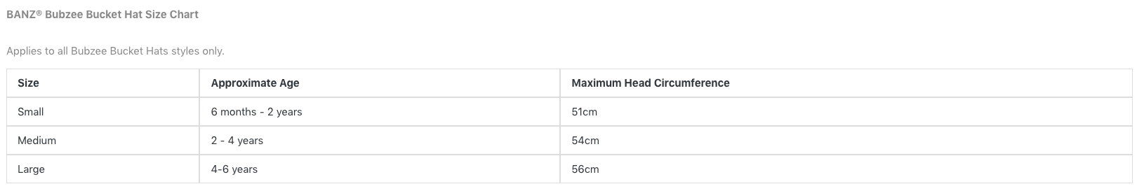 Bubzee Uv Hat Size Chart