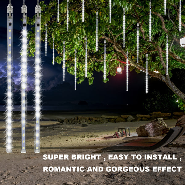 OMGAI Waterproof Meteor Shower Rain Lights - 30cm 8 Tubes Drop Icicle Snow Falling Raindrop Cascading Lights for Wedding Party Christmas, Shine Blue/White/Colorful (UL Listed Plug)