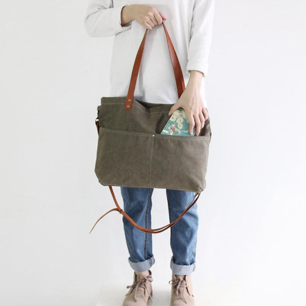 Waxed Canvas Tote Bag, Women Shoulder Bag With Leather, Diaper Bag, Ha – ROCKCOWLEATHERSTUDIO