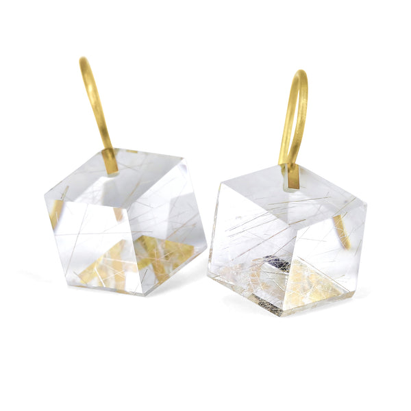 Talkative Rutilated Quartz 3D Cube Yellow Gold Drop Earrings