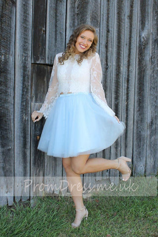 High Fashion Two-Piece Long Sleeves Homecoming Dress White Lace Top with Tutu Skirt PM122