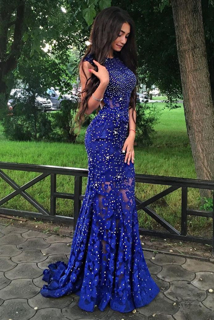 Mermaid Royal Blue Jewel Beading Sweep Train Lace Backless Prom Dress Promdressmeuk 1990