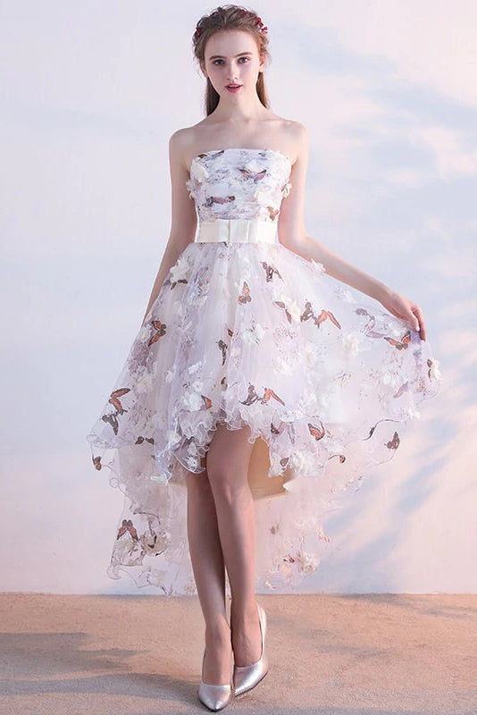 A Line High Low Straps Lace Up Tulle Flower Homecoming Dresses Short 