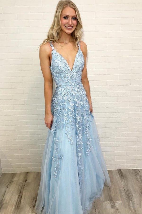 A Line Spaghetti Straps Light Blue Prom Dresses V Neck Lace Appliques
