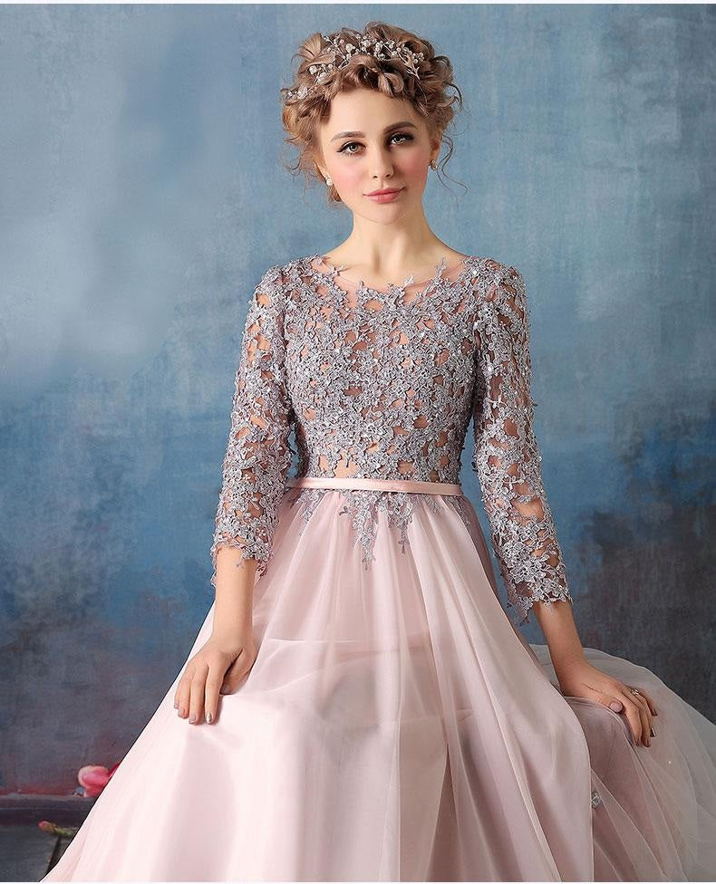 scoop-a-line-pink-chiffon-silver-lace-long-3-4-sleeves-prom-dresses-uk-promdress-me-uk