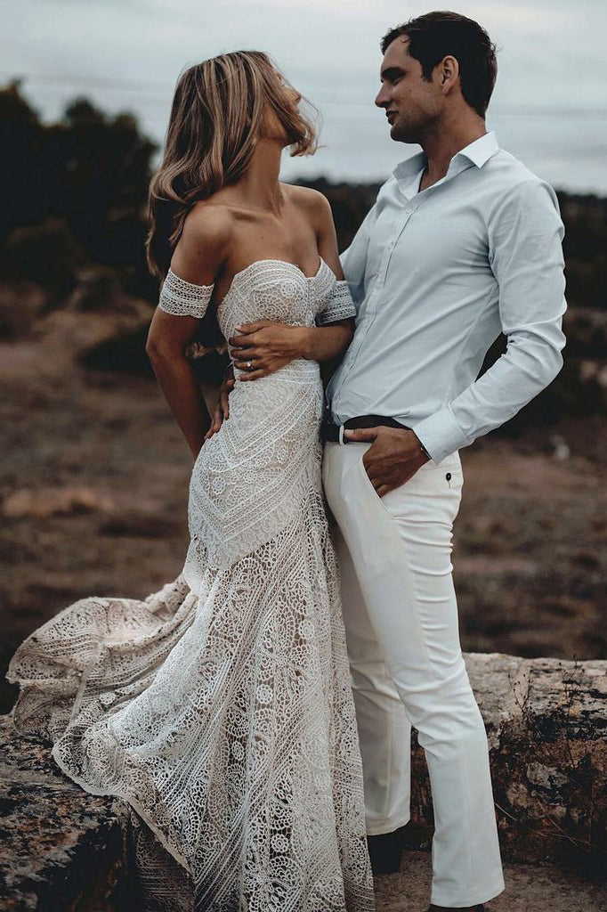 Unique Mermaid Off The Shoulder Straps Ivory Lace Beach Wedding Dress Bridal Dresses Pw829