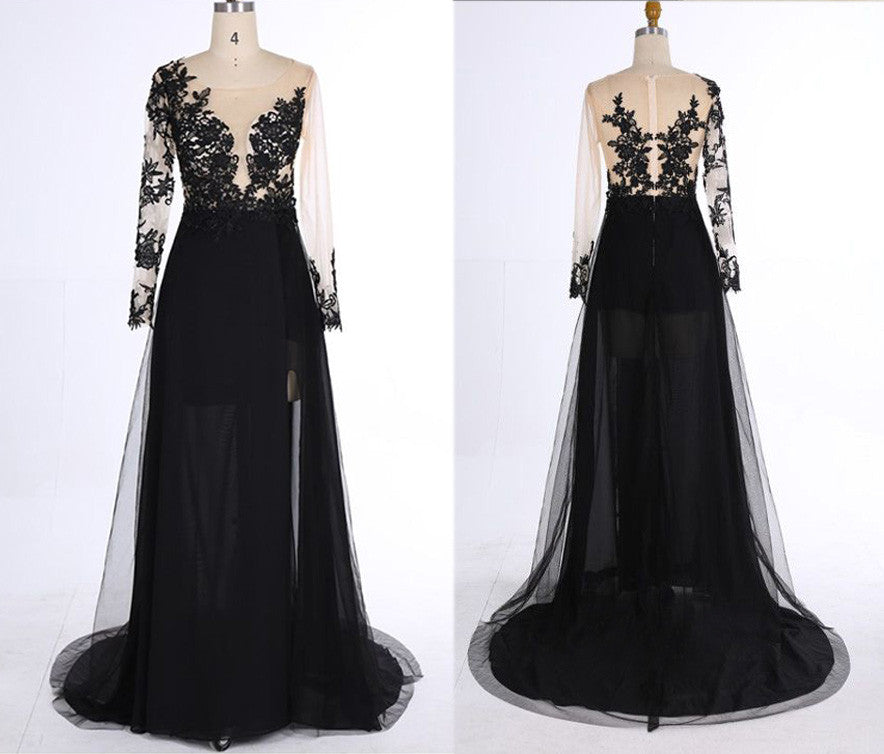 New Style Black Long Sleeves Prom Dresses Lace Deep V Neck Thigh High Slit Sexy Lace Evening 0848