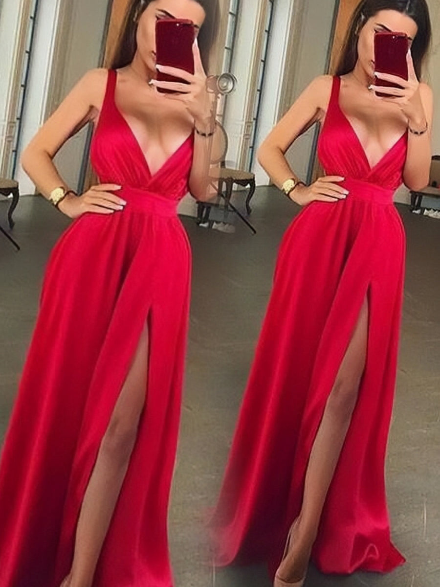 Sexy Chiffon Long Red Prom Dresses Long V Neck Evening Party Dress With Split Slit On Sale 1692
