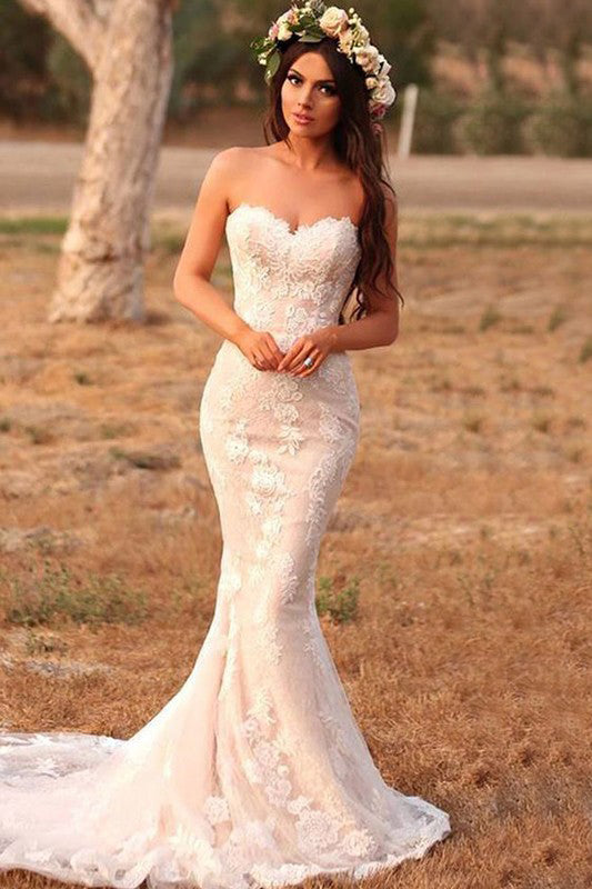 Charming Mermaid Lace Applique Wedding Dresses Country Bridal