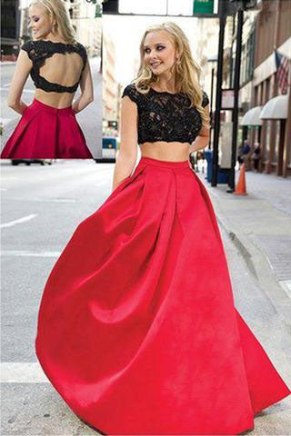 Charming Red And Black Two Pieces Lace Floor Length Prom Dresses Evening Dresses uk PH136