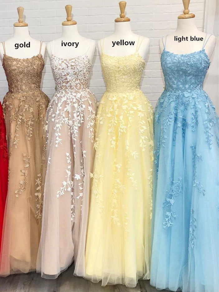 yellow spaghetti strap prom dress