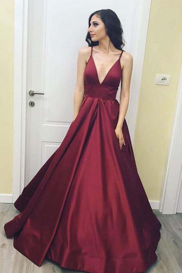 Burgundy A Line Satin V Neck Spaghetti Straps Long Evening Dresses