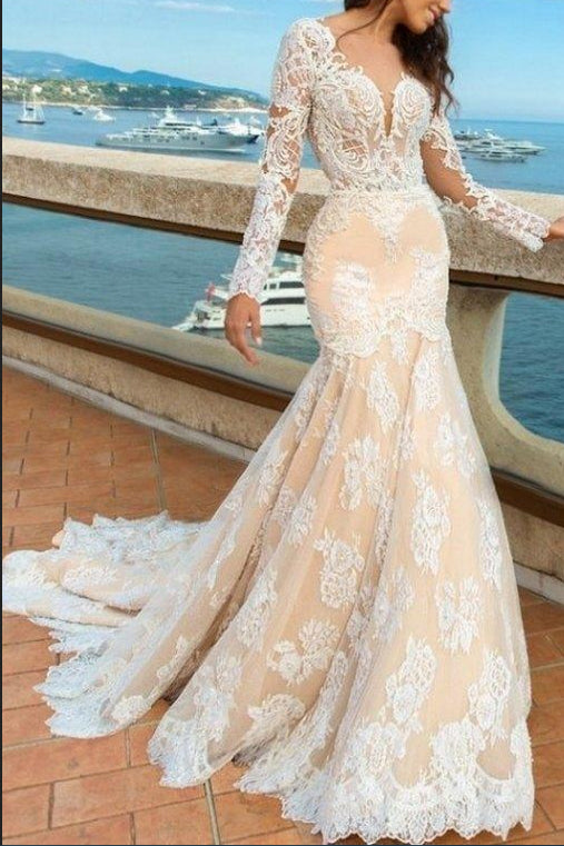 White Lace Mermaid Deep V Neck Backless Long Sleeve Wedding Dress Uk 9950