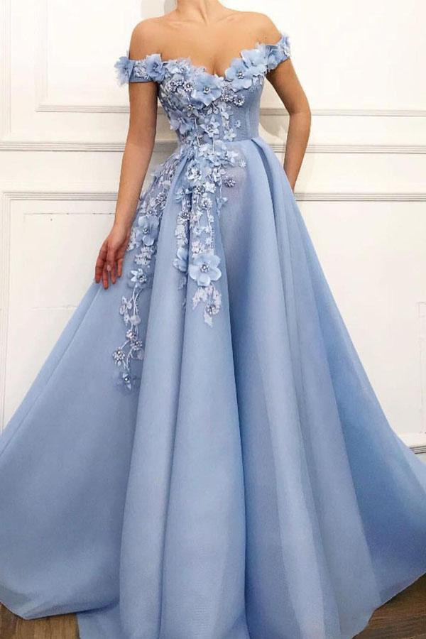 blue and white flower prom dress