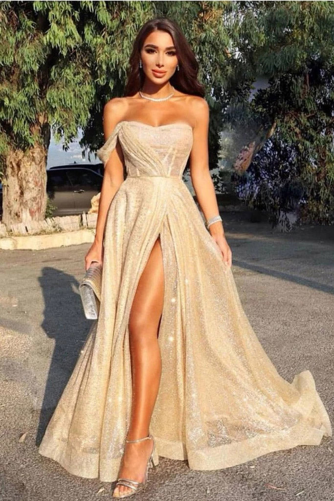 off the shoulder sequin prom dress