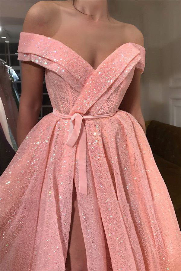 A Line Pink Sequins Off The Shoulder V Neck Prom Dresses With Split Promdressmeuk 