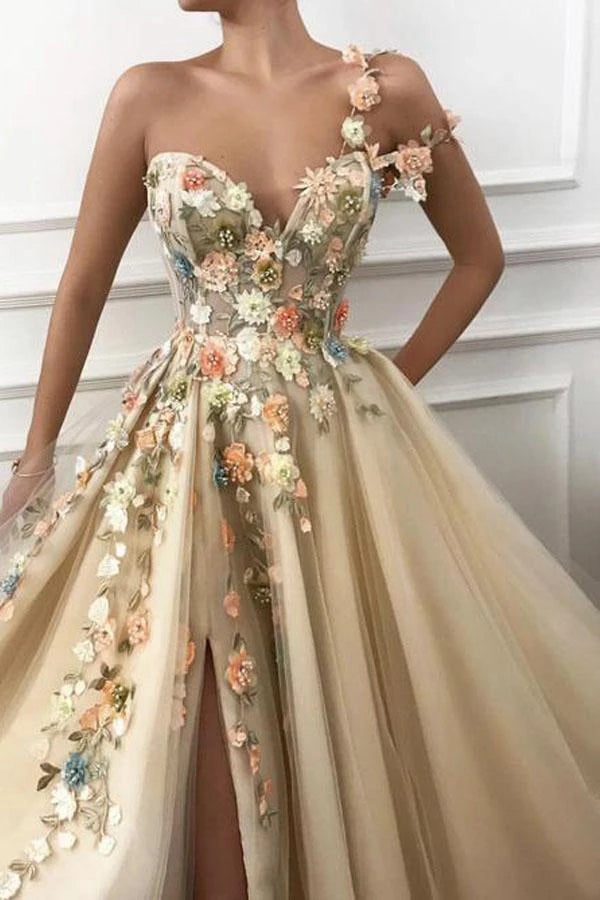 A Line One Shoulder V Neck 3d Flowers Prom Dress Tulle Evening Dress Promdressmeuk 