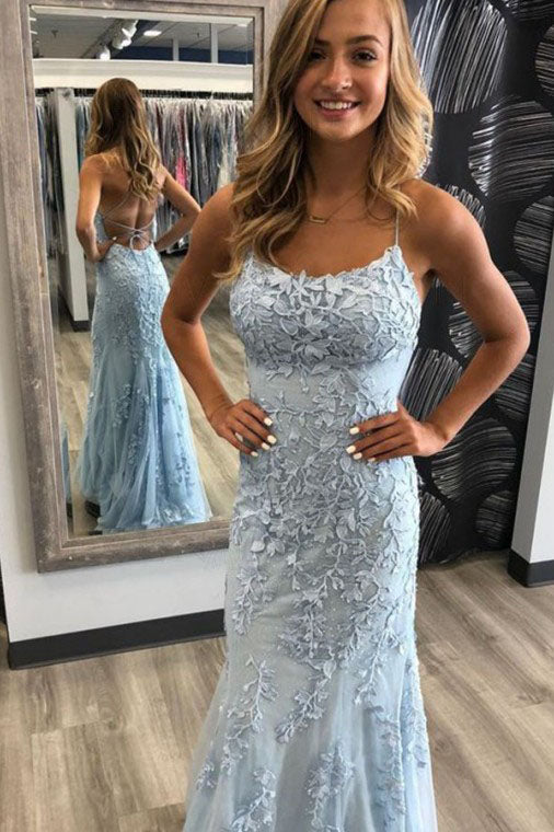 light blue fitted prom dress