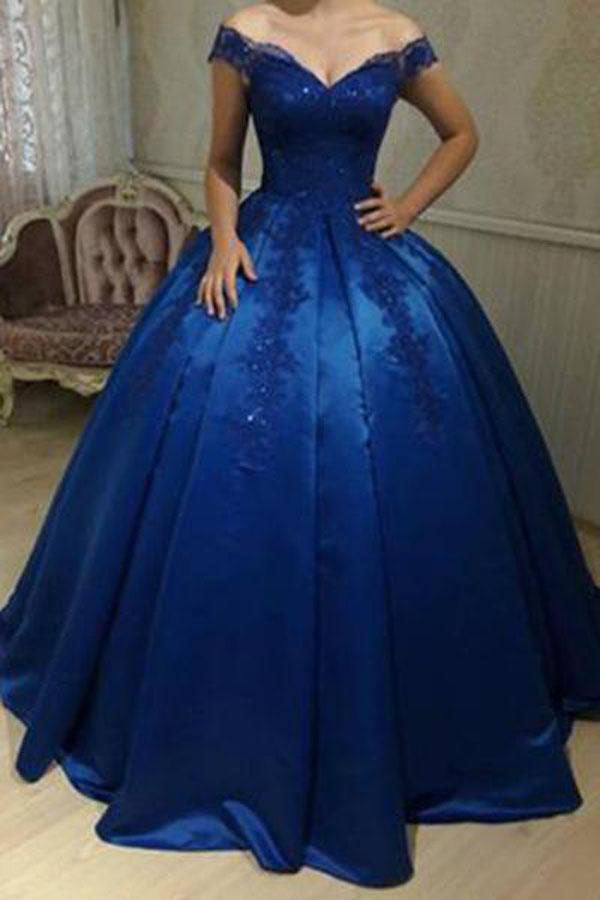 off shoulder royal blue gown