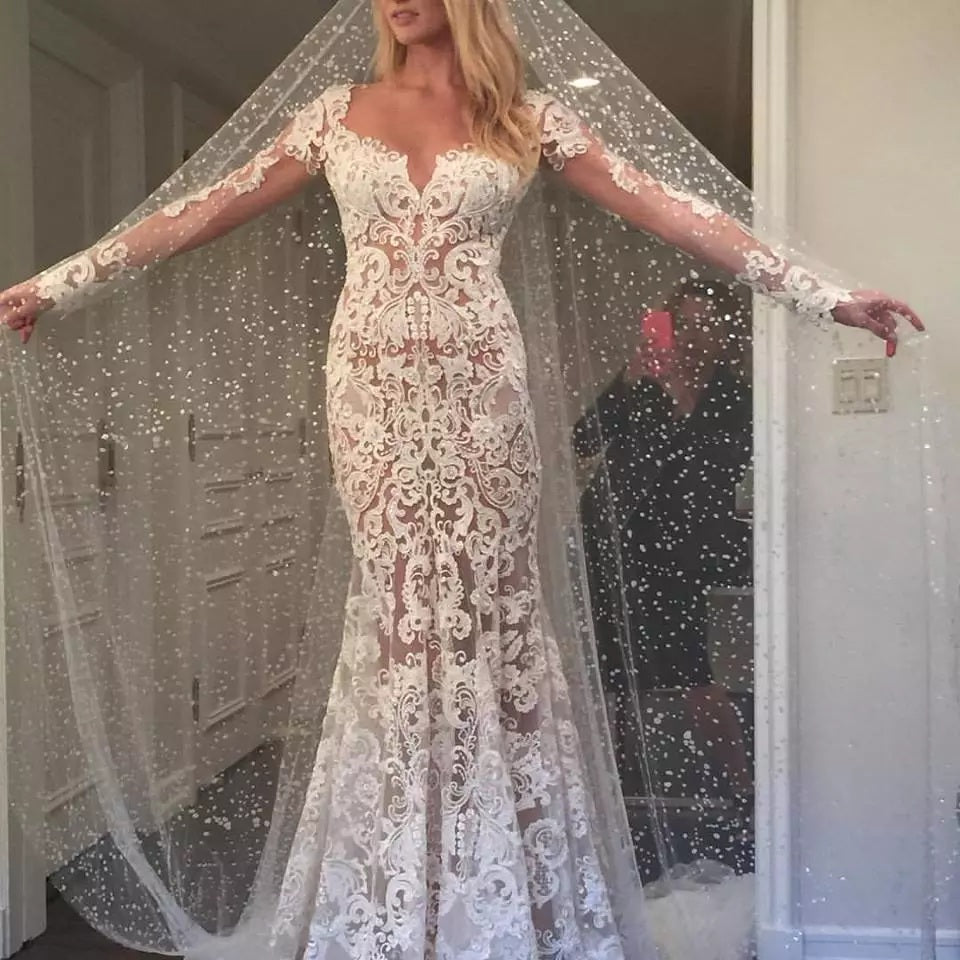 Long Appliques Backless Lace Mermaid Ivory Long Sleeve Wedding Dresses Promdressmeuk 8999